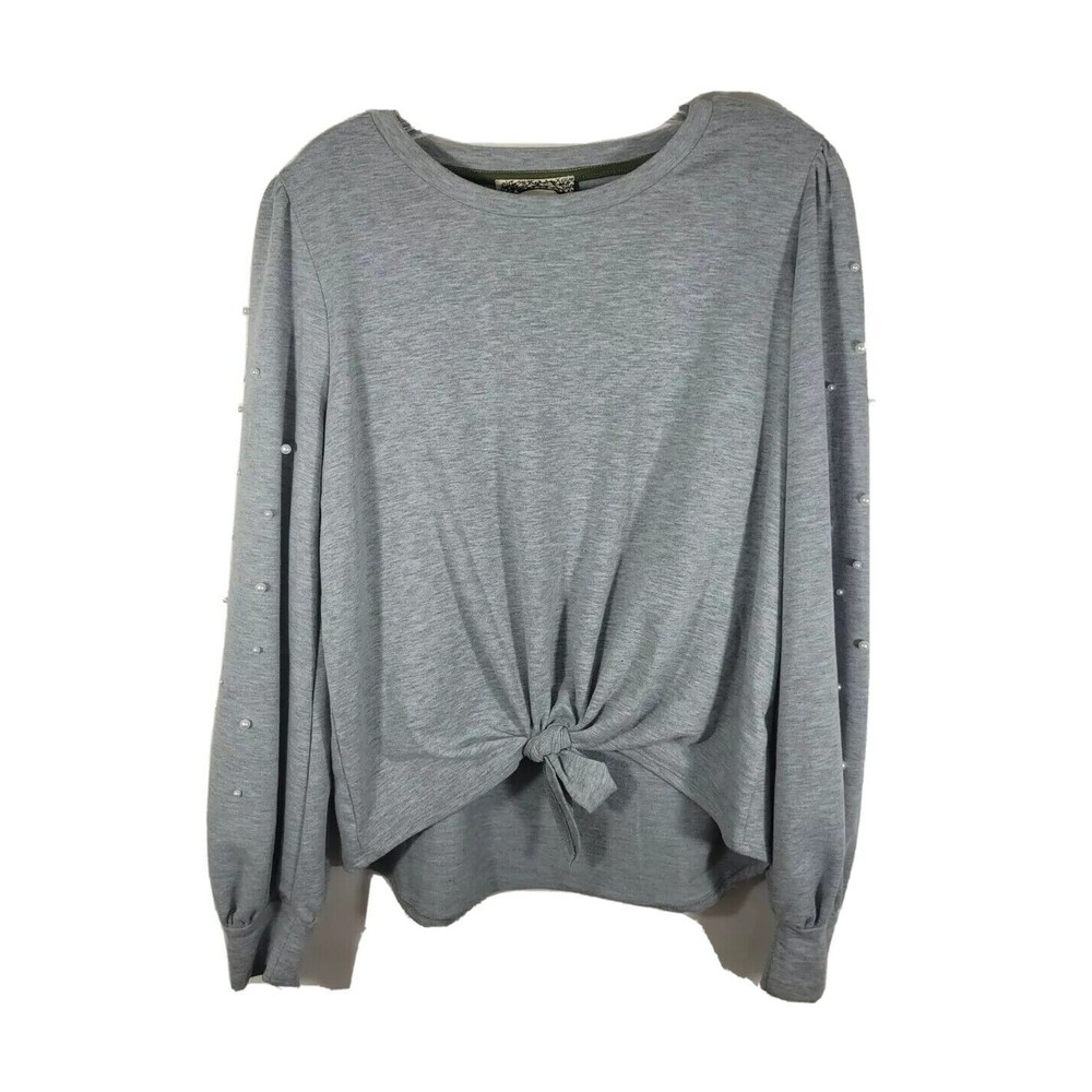Skonhet Women’s gray long Sleeve tie front pearl Beaded Sleeves Size Large